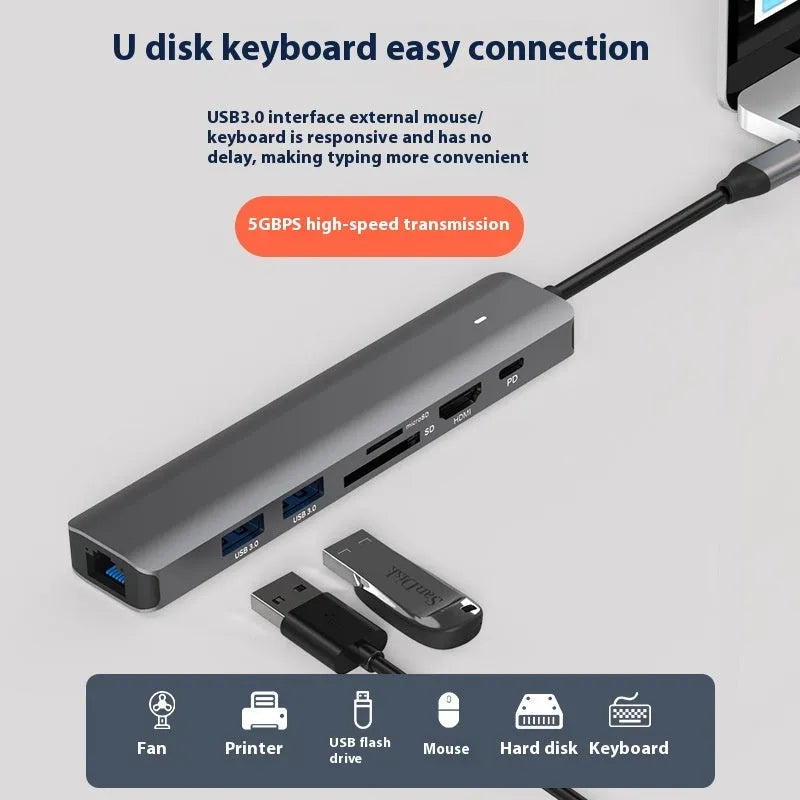 LQT-LH07 7-in-1 card reader PD computer hub with multiple ports including SD, microSD, USB 3.0, and USB-C