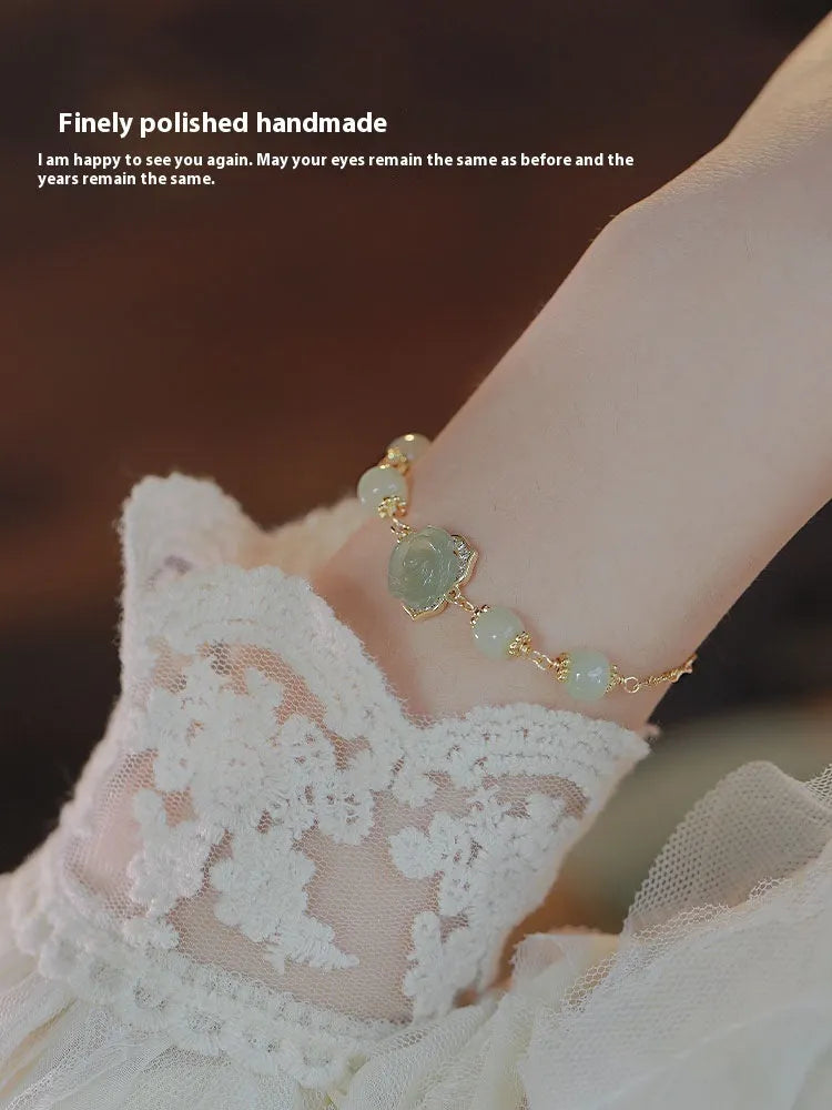 Women's bracelet with carved Hetian jade rose and 14K gold plating, literary style floral design
