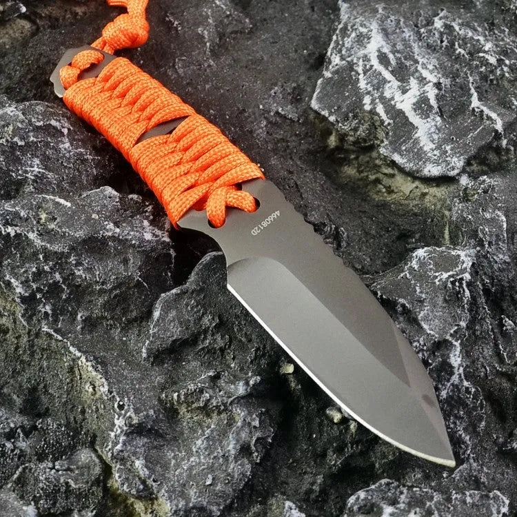 Outdoor camping rope knife with straight blade and ABS sheath showing measurements