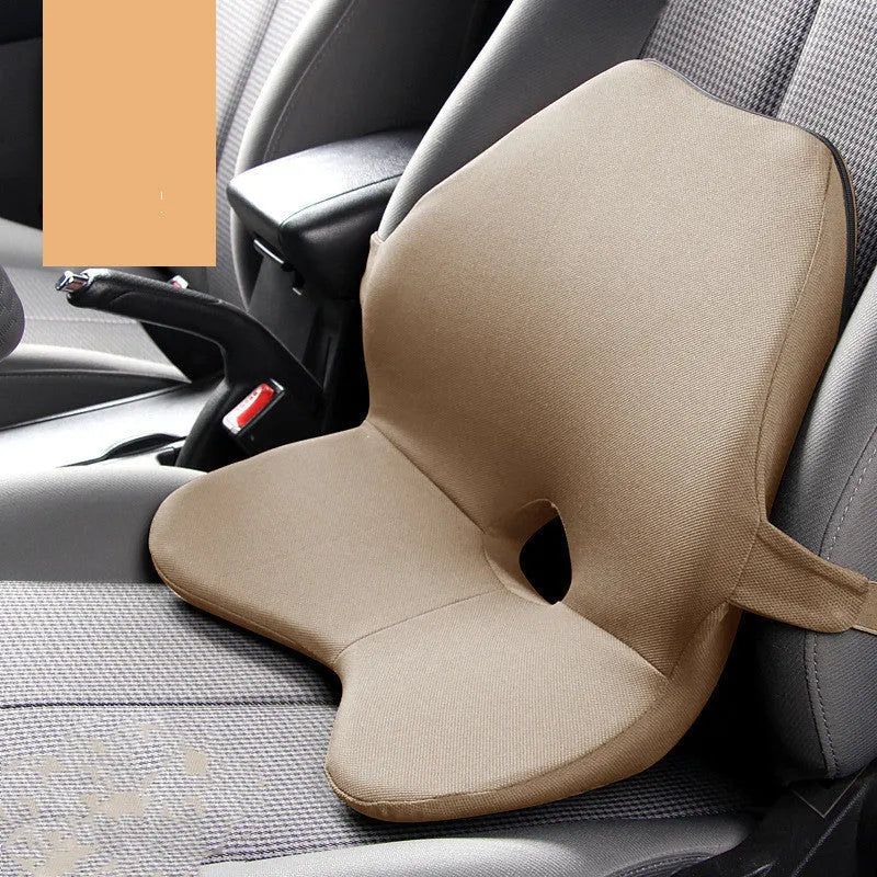 Car waist pad with memory cotton filling in black colour, showing adjustable straps for seat attachment