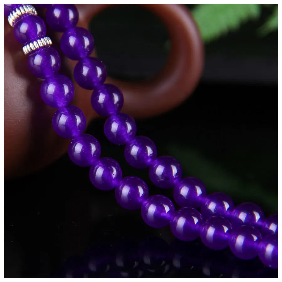 Purple chalcedony bracelet with three-circle ethnic design and adjustable fit