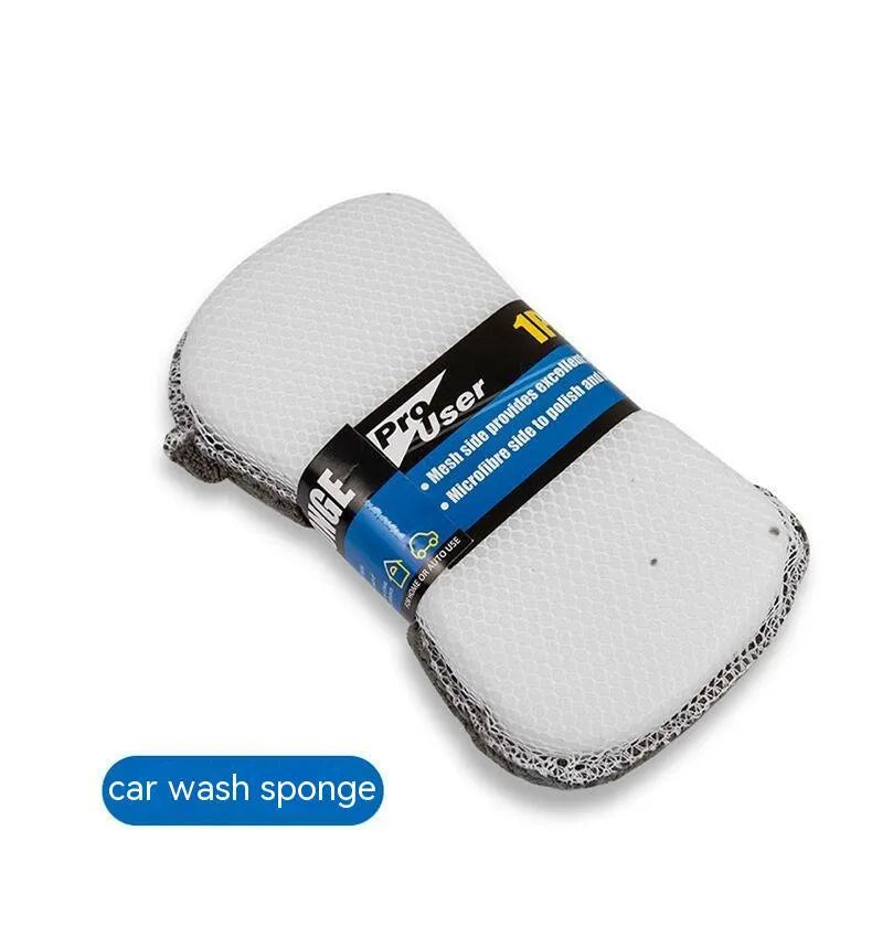 Nine-piece grey microfiber car wash set with gloves, sponge, brush, towels, and waxing wipes