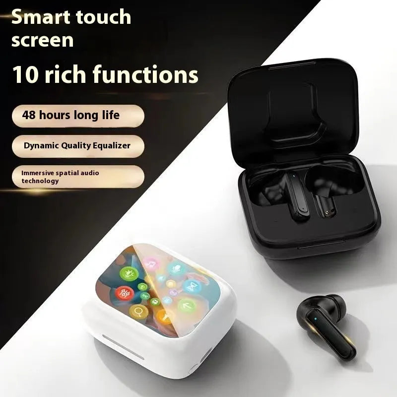 Wireless Bluetooth in-ear headset with noise reduction, touch control and colour screen, black and white plastic design