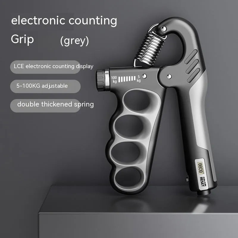 Adjustable electronic count spring grip with digital display, orange counter, and contoured PP handles for hand strength training