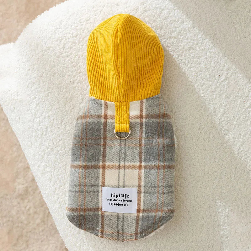 Blue corduroy hooded vest for pets with chessboard grid pattern and adjustable hood for autumn winter wear