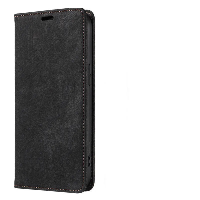 Magnetic flip phone case in grey colour with TPU and leather materials, showing closed flap for iPhone protection