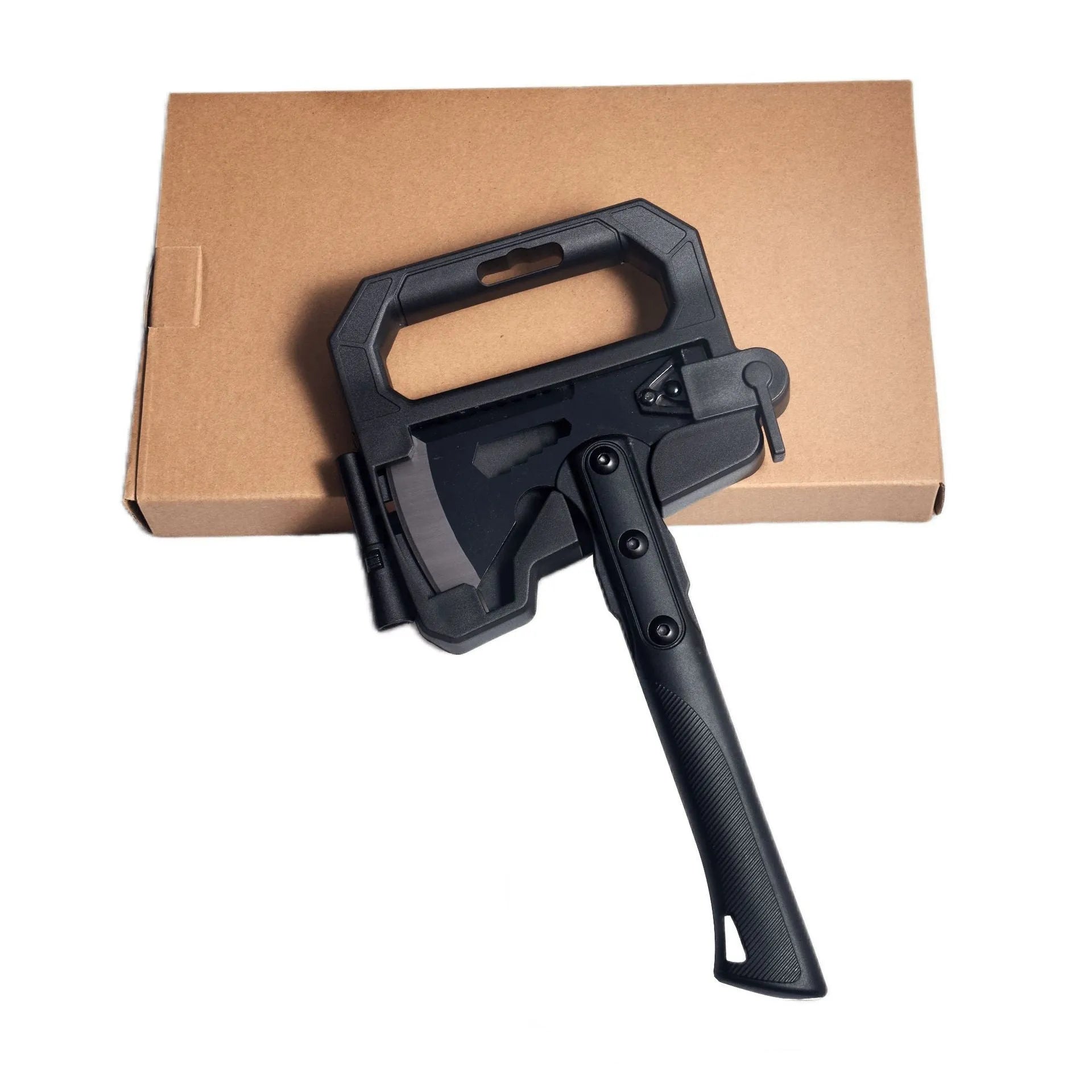 Multi-functional stainless steel survival axe with ABS plastic handle measuring 40 cm long