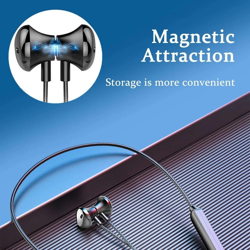 Black neck-mounted wireless sports earphones with Bluetooth 5.0 and neck-hanging design for active use