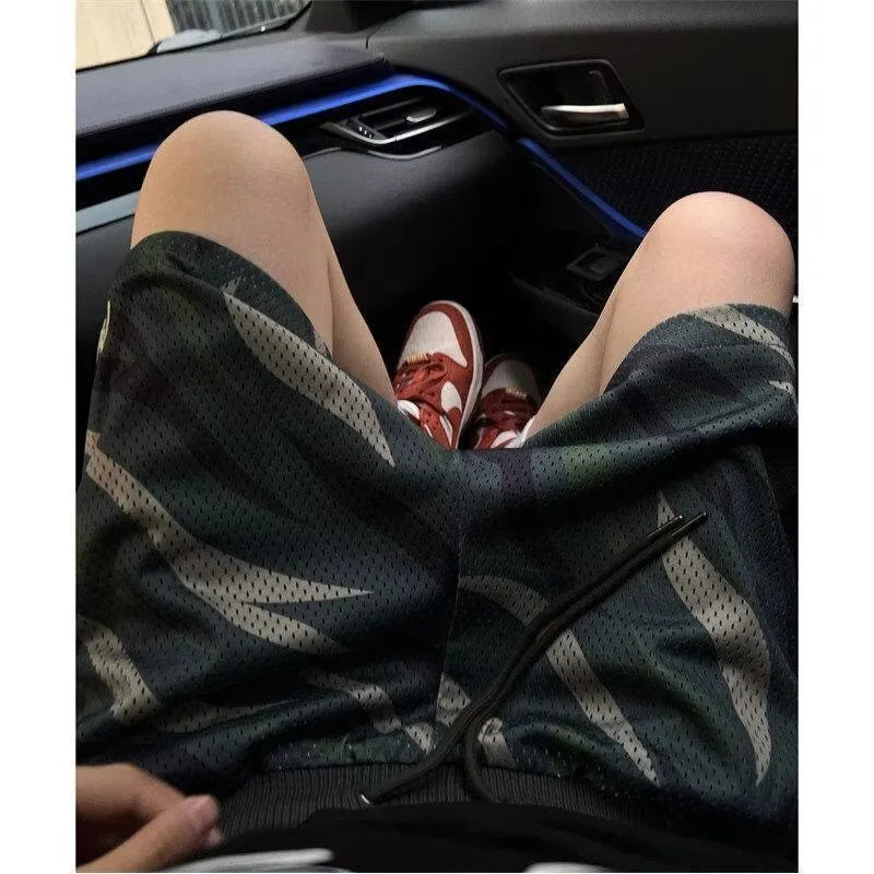 Men's camouflage mesh shorts in straight-leg design with cotton blend fabric, sizes M to 3XL