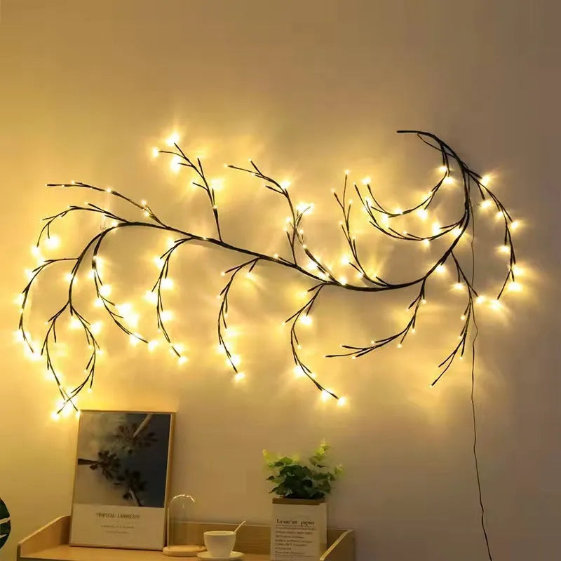 Flexible willow vine Christmas garland lights with white birch bark texture and 144 warm white LEDs