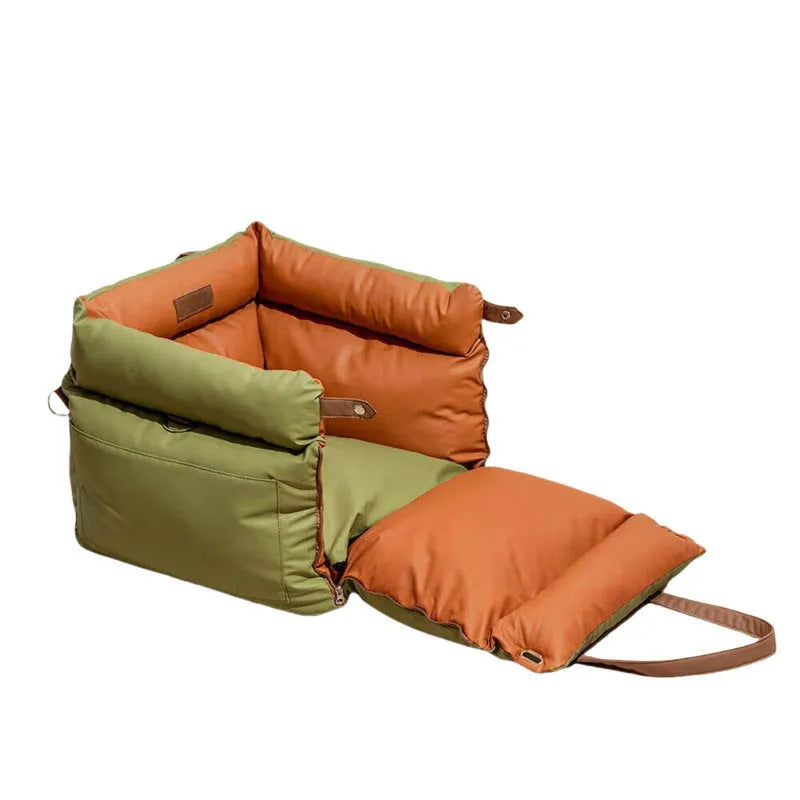 Pet car nest with removable cover in green colour, showing waterproof PU leather base and 55x50x45cm dimensions for dogs