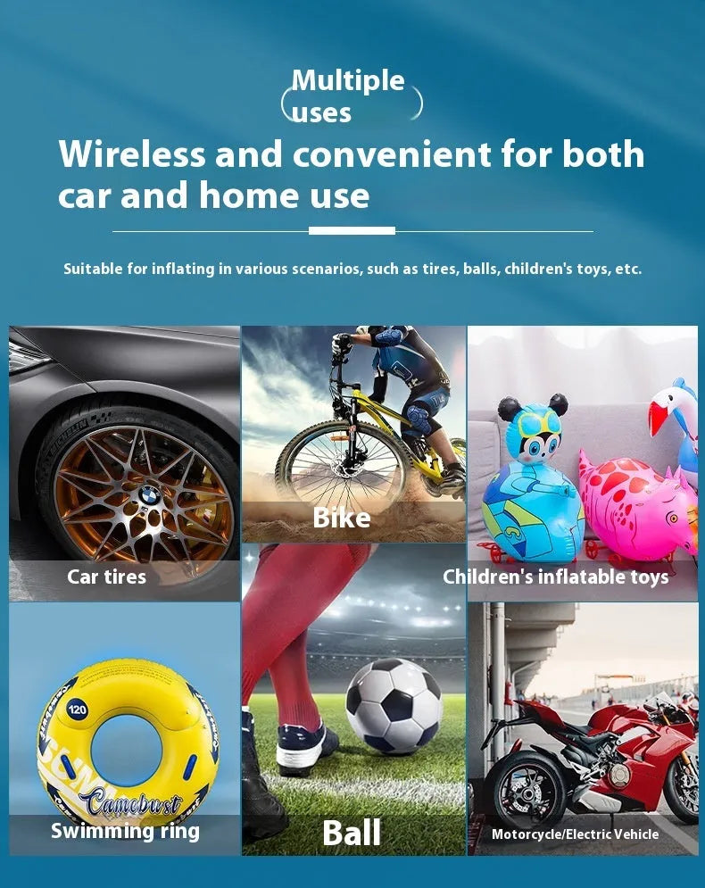 Portable wireless tyre inflator for cars motorcycles bicycles with power bank and torch functions
