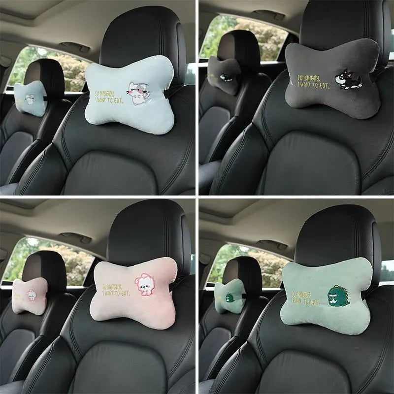 Plush embroidered car headrest shoulder pad in blue, green, black or pink with cartoon lion, dinosaur, kitten, puppy or rabbit motif