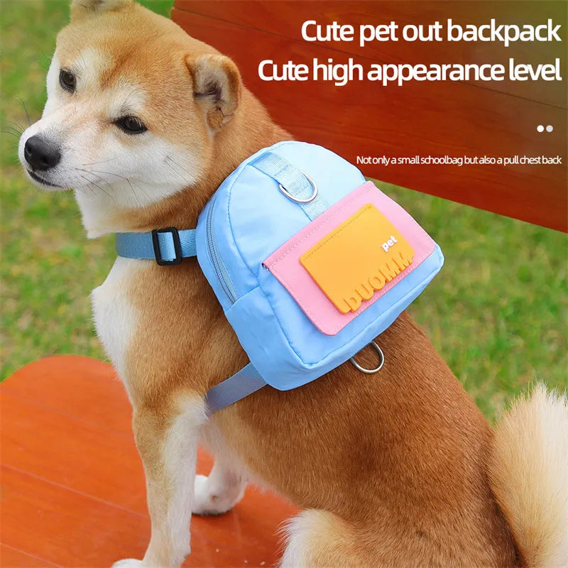 Blue dog backpack with adjustable harness and storage compartments for hiking and travel