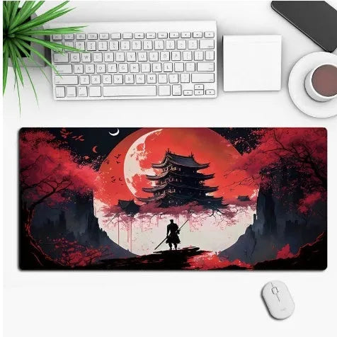 Anime pattern gaming mouse pad with non-slip rubber base in multiple size options on desk