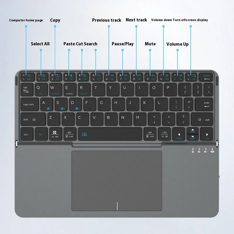 Grey folding Bluetooth keyboard unfolded next to mobile phone showing 60-key layout and compact design