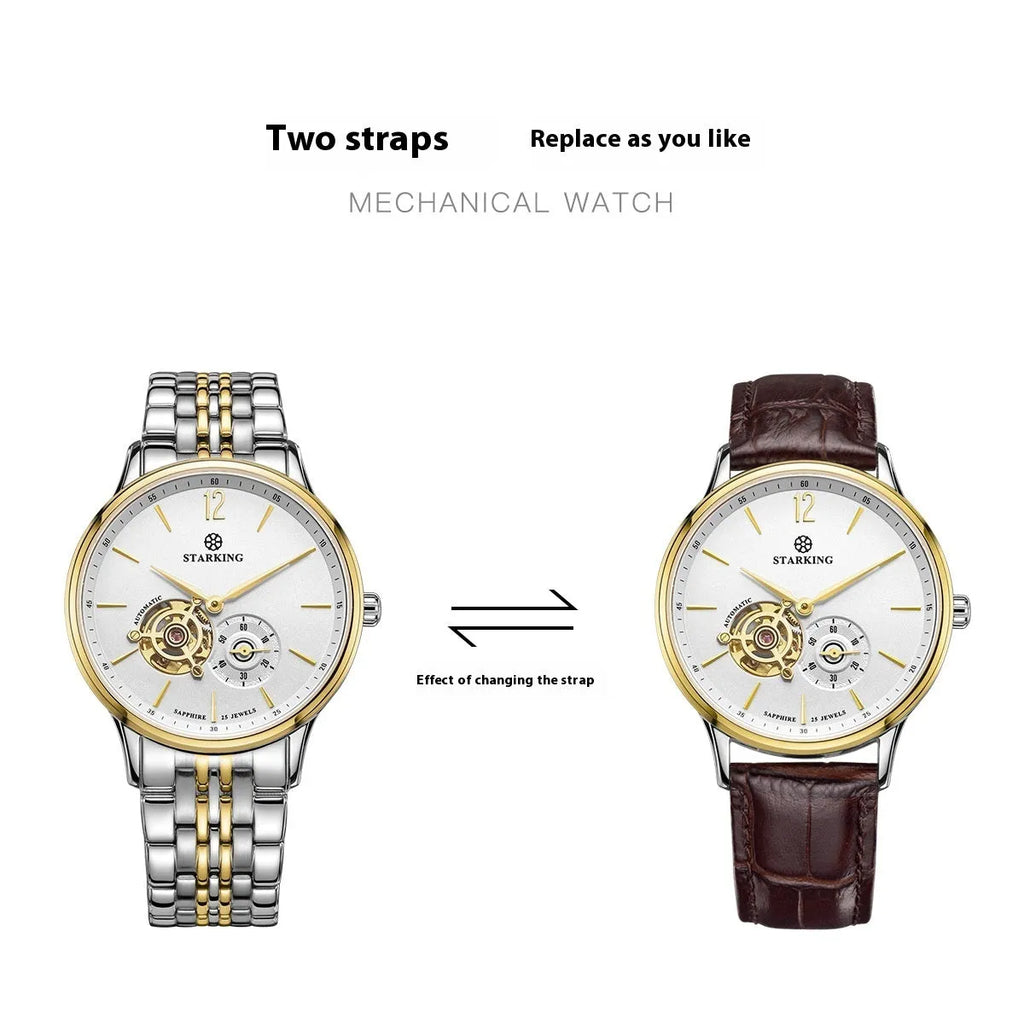 Automatic mechanical men's watch with brown leather strap, stainless steel case, and sapphire crystal glass on white background