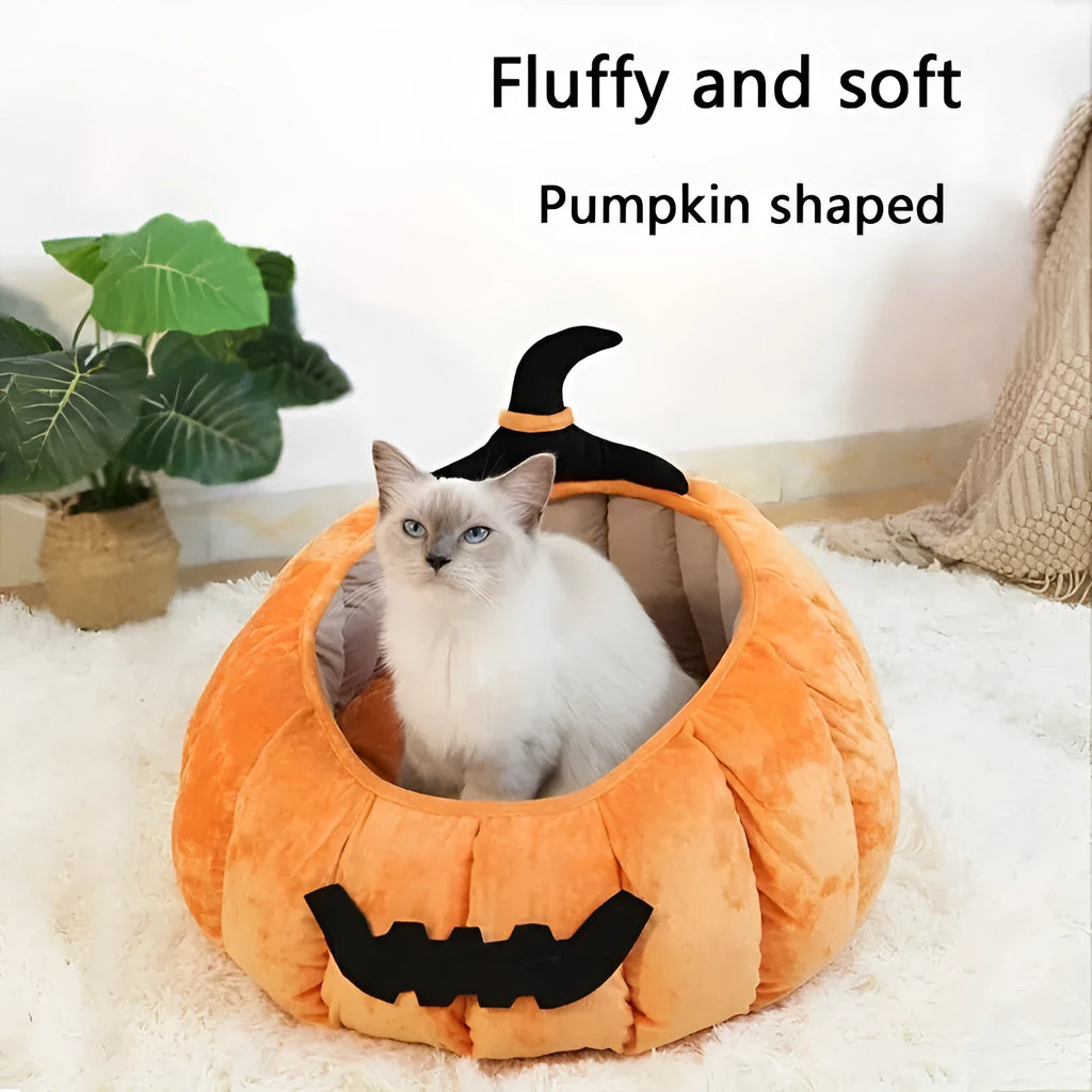 Halloween-themed cat bed with cartoon devil pumpkin design in soft plush material for small pets
