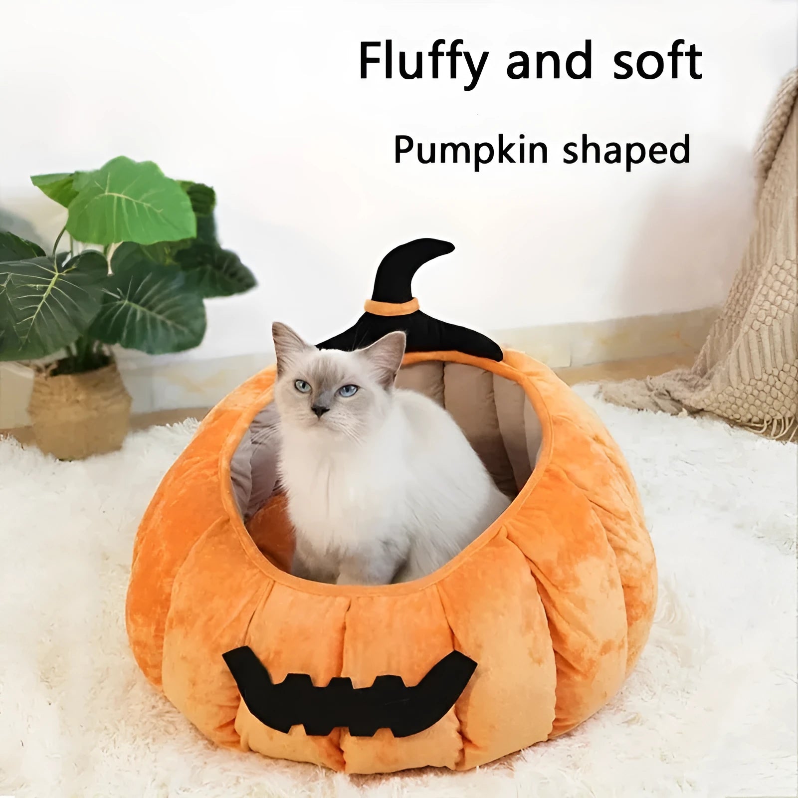 Halloween-themed cat bed with cartoon devil pumpkin design in soft plush material for small pets