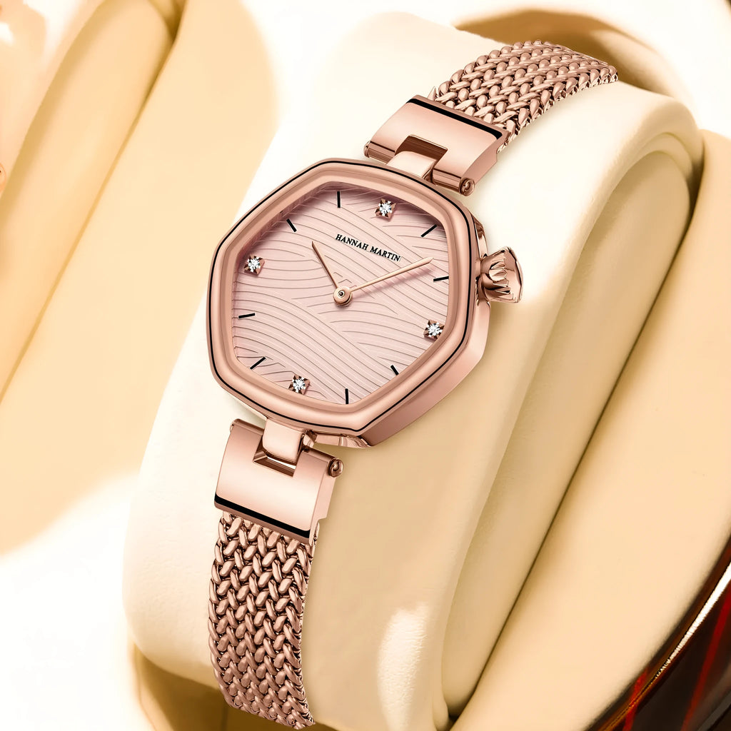 Women's hexagonal stainless steel watch, 30mm case, 7.2mm thick, 12mm strap, 220mm circumference, casual style.