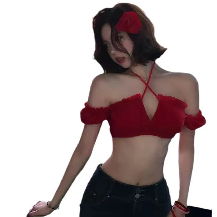Red women's bikini swimsuit with puff sleeve skirt briefs on hanger