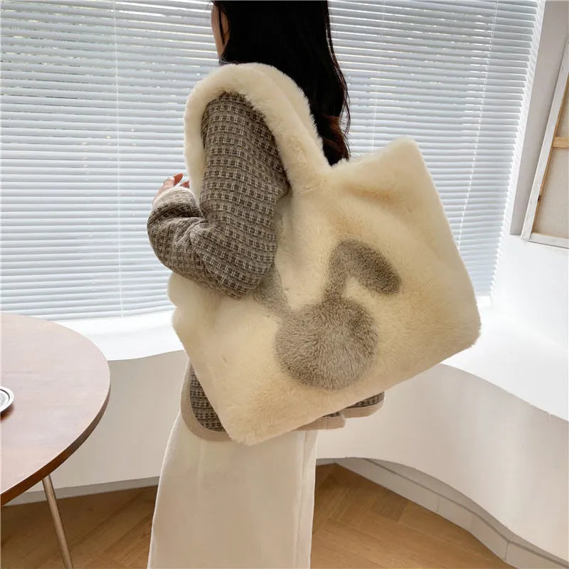 Cartoon rabbit ears plush tote bag in solid colour with shoulder strap for autumn winter use