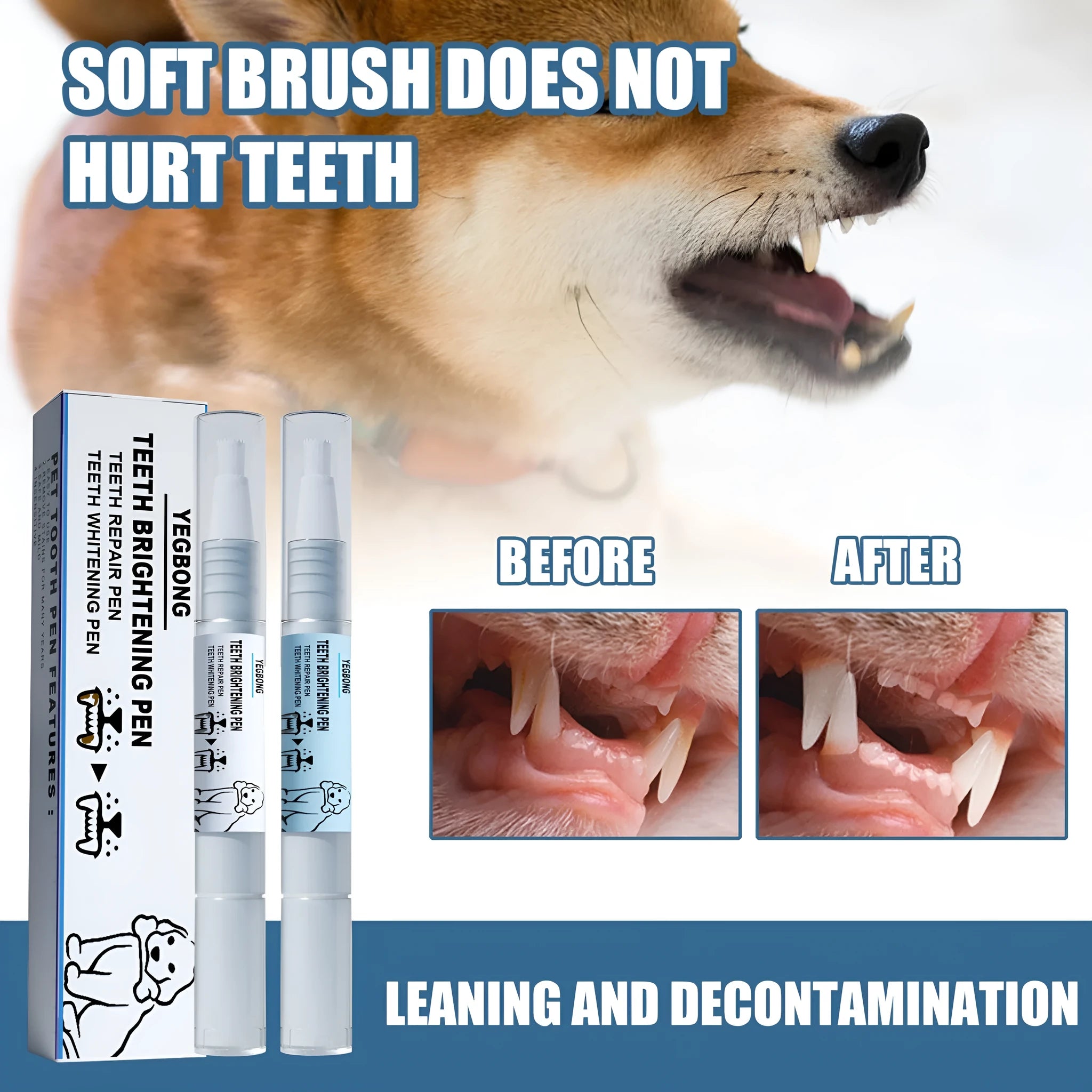 Yegbong pet teeth whitening pen with 3ml+3ml dual-formula and two dental brushes for dog and cat tartar removal