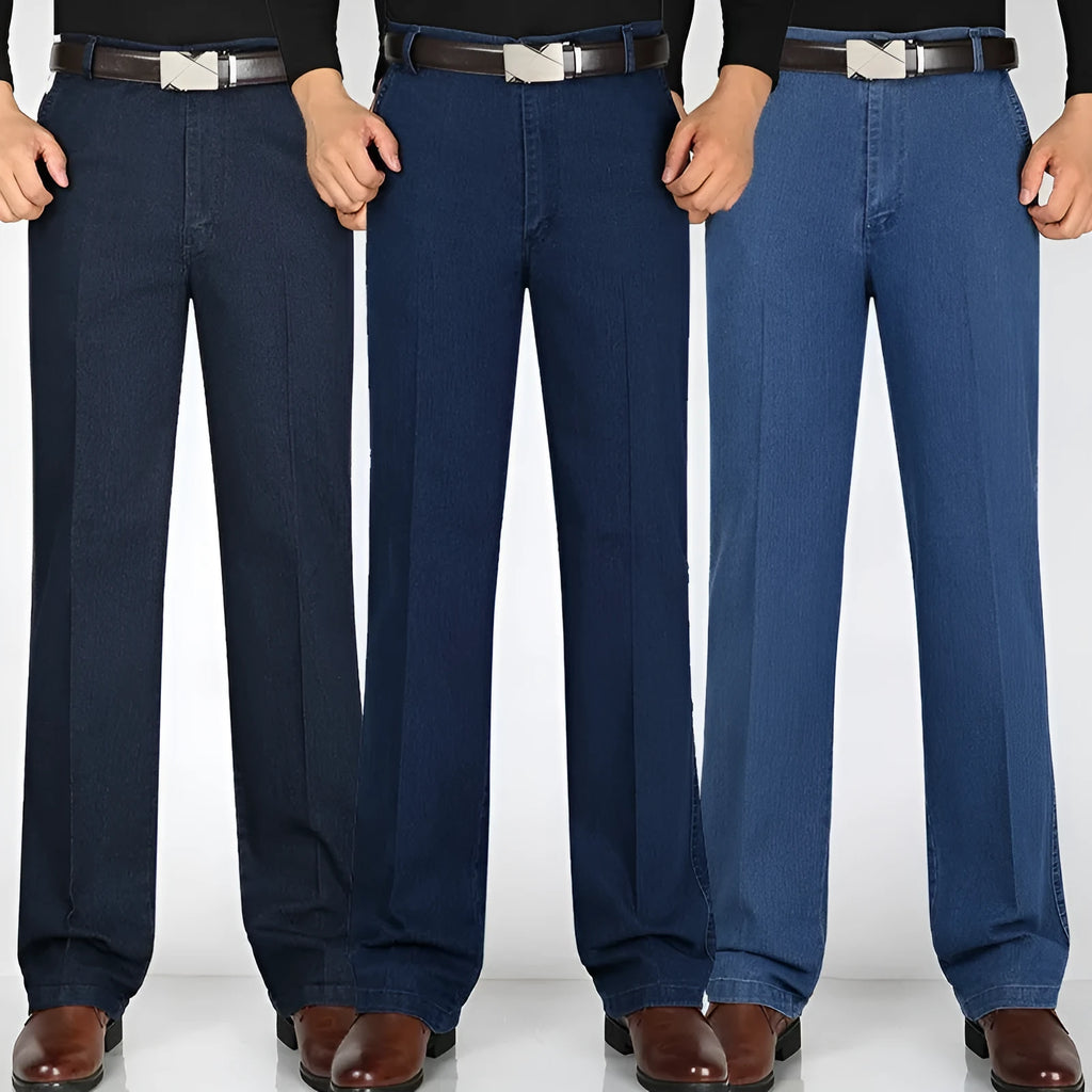 Men's high-waist loose blue denim trousers on a neutral background
