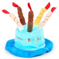 Blue and pink dog birthday hat toy showing 21x15x6.5cm dimensions for pet celebrations