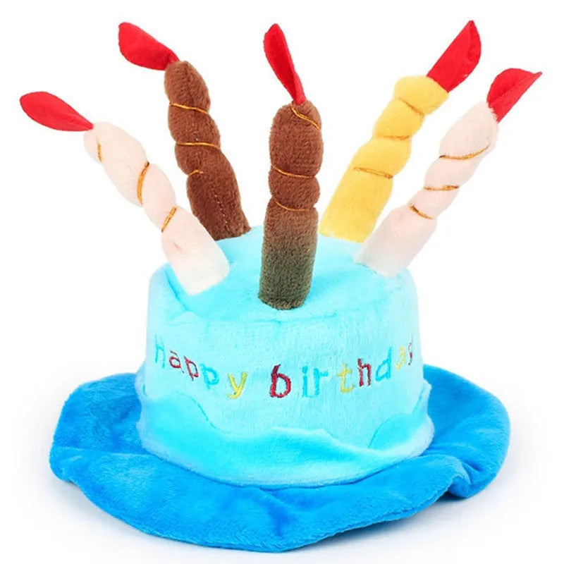 Blue and pink dog birthday hat toy showing 21x15x6.5cm dimensions for pet celebrations