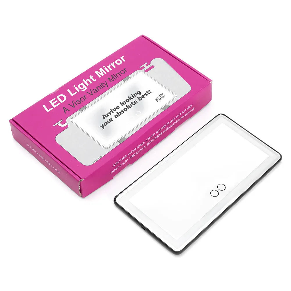 Car sun visor LED touch makeup mirror, 260x135x9mm, aluminum lens, ABS frame, black or white light bars
