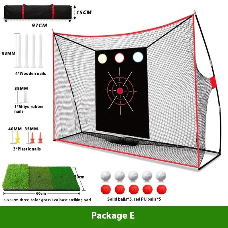 Swing wedge golf training net with 3-hole cross design, 30x60cm straw mat, practice balls, and accessories
