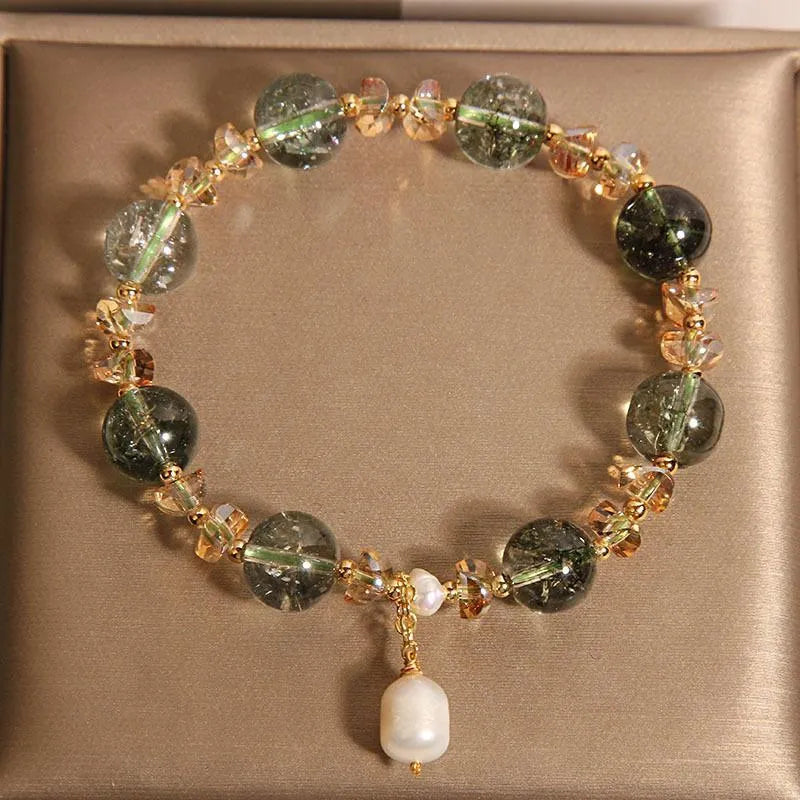 Green phantom quartz crystal bracelet with champagne accents in Japanese Korean style design
