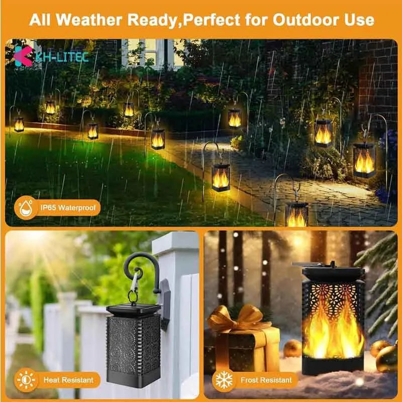 Black solar-powered garden torch light with flame-effect LED, 47cm length, waterproof IP44 rating for outdoor use