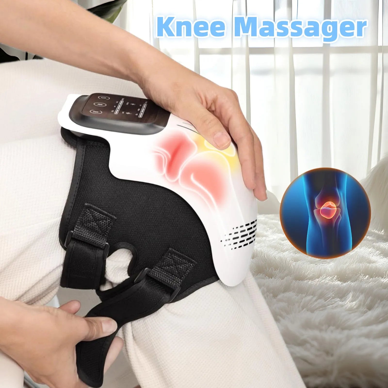 White intelligent electric knee massager with adjustable straps, showing control panel for heat and vibration settings.