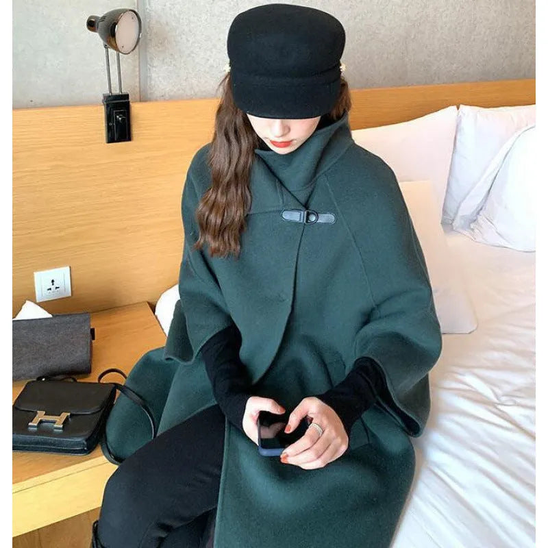 Women's oatmeal or green Korean style coat with 100cm length and flight sleeves for autumn winter wear