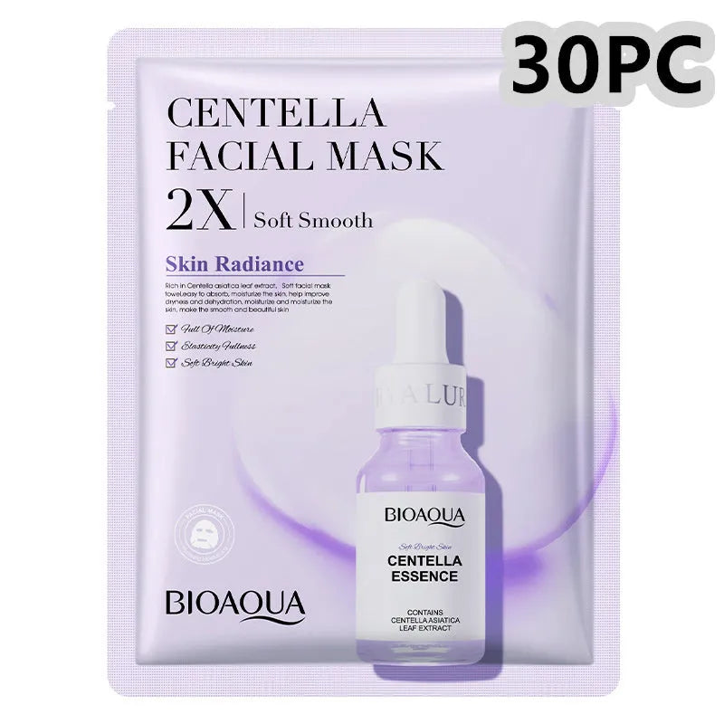 Collagen face sheet mask with 30g serum containing hyaluronic acid, vitamin C, and Centella Asiatica extract