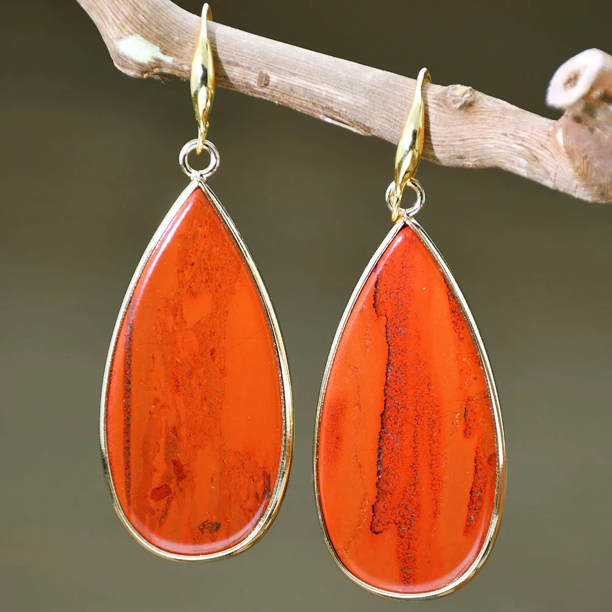 Vintage Tigereye long water drops earrings showing 5-7cm stone drop shape with manual texture processing