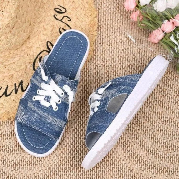 Blue Roman style canvas slippers with rubber soles for women, sizes 36-43