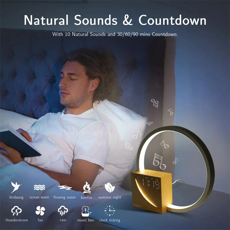 Touch control bedside lamp with alarm clock and natural sounds in navy blue finish