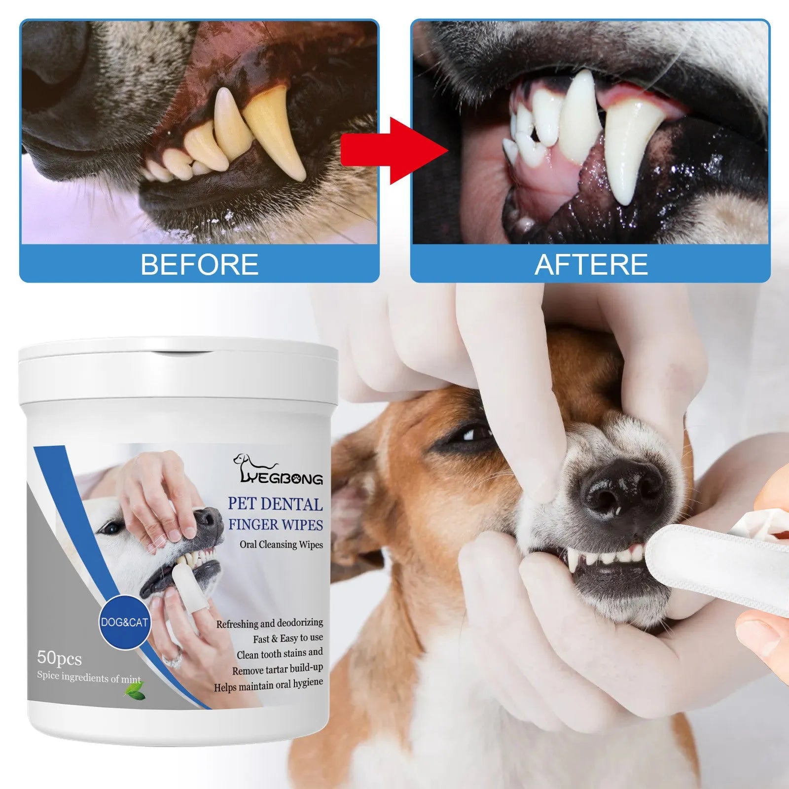 Dog dental finger wipes with 50 pieces and finger stall applicator for oral hygiene