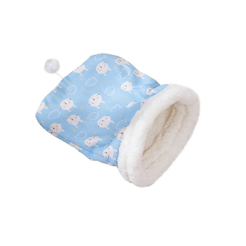 Flannel cat sleeping bag measuring 50cm by 40cm in blue rabbit design with diablement pp cotton material