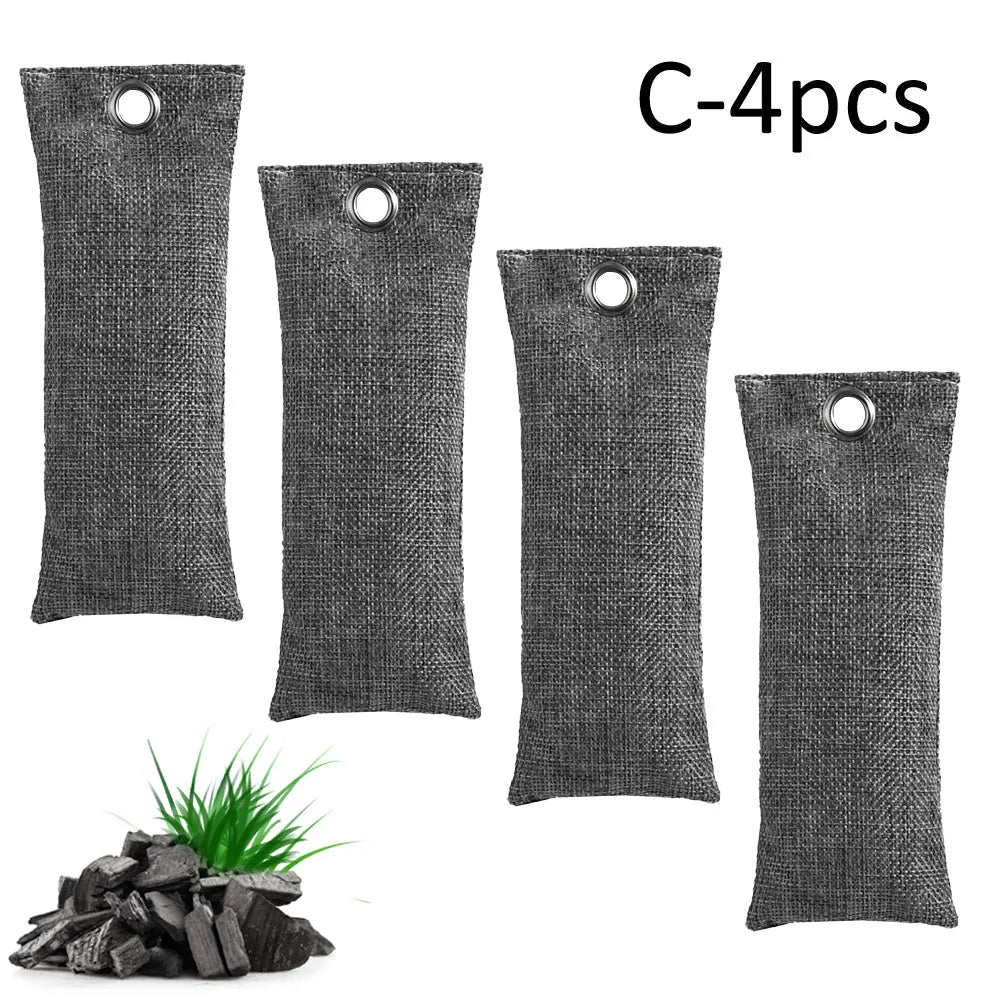Black, blue, green, and grey linen charcoal deodoriser bags for shoes and household odour removal.