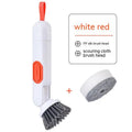 Long-handle kitchen cleaning brush with integrated soap dispenser and two removable brush heads, in white and red colour option.