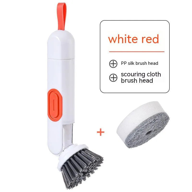 Long-handle kitchen cleaning brush with integrated soap dispenser and two removable brush heads, in white and red colour option.