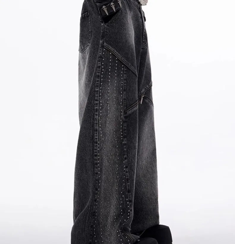 Women's black and grey washed denim wide leg pants with matching vest in Korean style