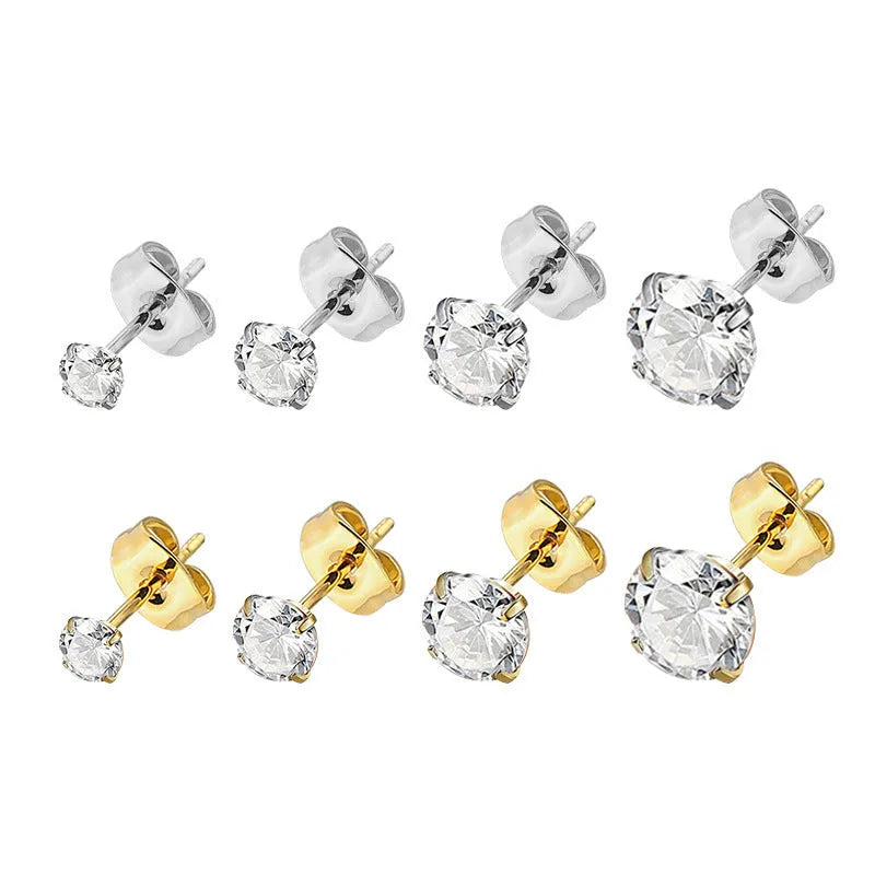Titanium steel geometric zircon stud earrings in stainless steel with hypoallergenic properties and 2-8mm size options.