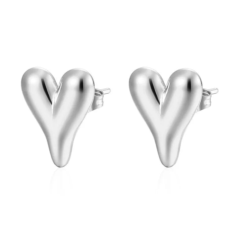 Heart-shaped stainless steel necklace with snake bone chain and matching earrings in gold or steel tone
