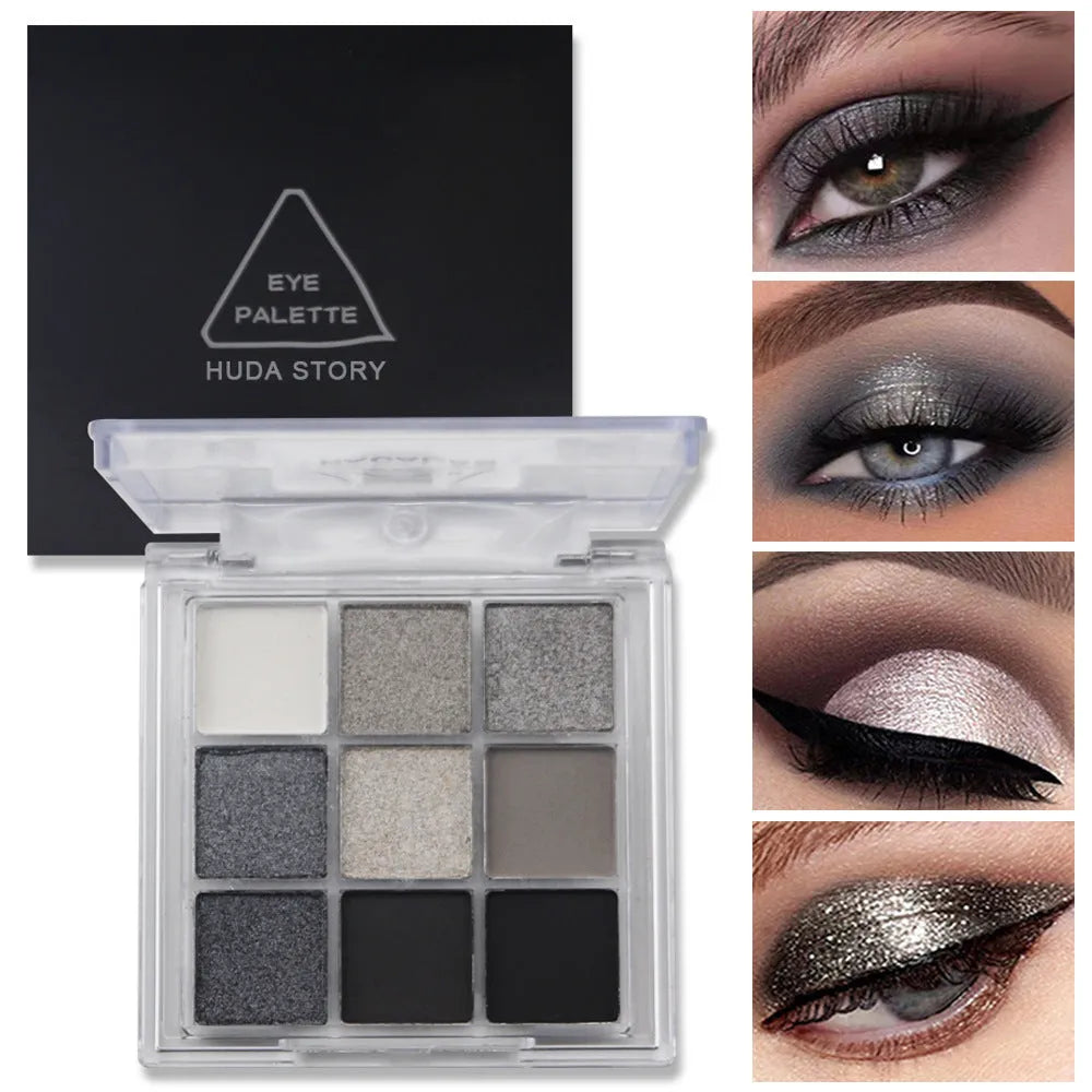 Smoked nine-colour eye shadow palette showing shades including white, silver, black, and iron grey.