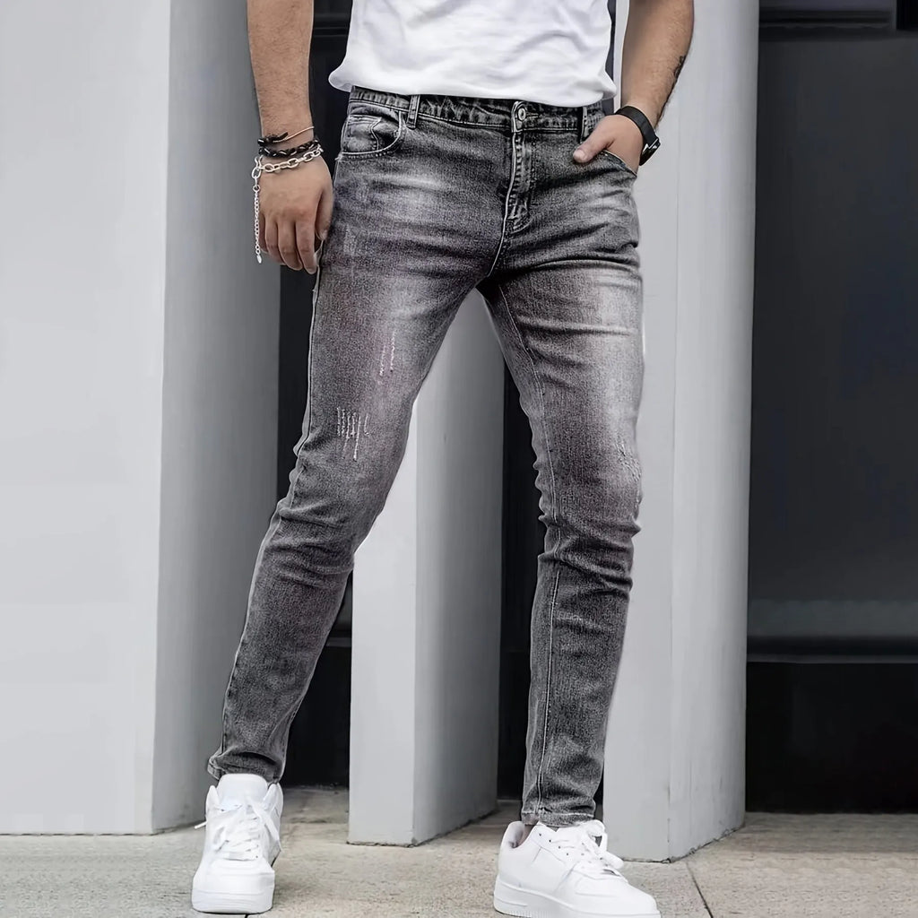 Men's slim straight stretch jeans in black cotton fabric with mid-waist and zipper fly